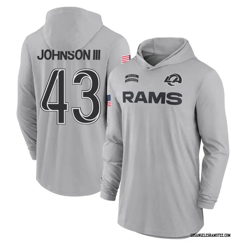 Men's Los Angeles Rams ＃43 John Johnson III Gray 2024 Salute to Service Lightweight Performance Long Sleeve Hooded T-Shirt