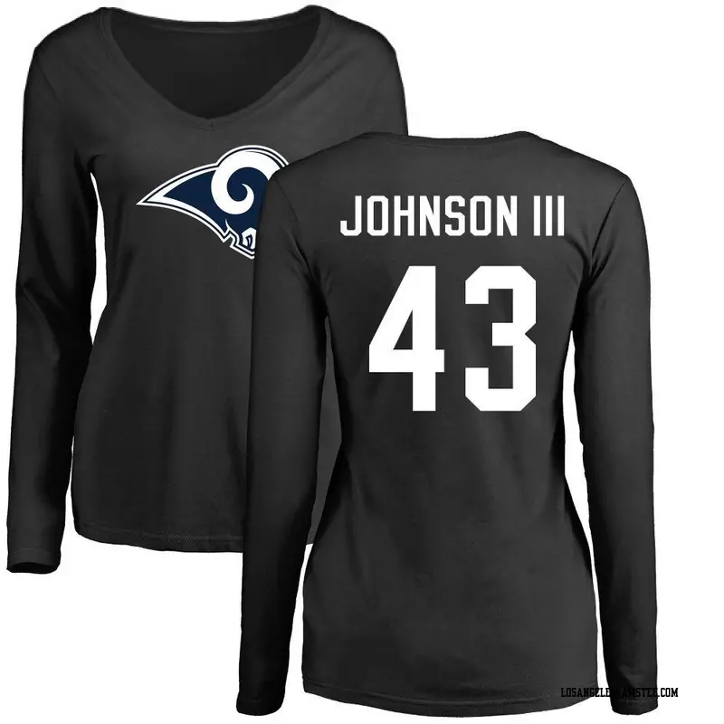 Women's Los Angeles Rams ＃43 John Johnson III Black Name & Number Logo Slim Fit Long Sleeve T-Shirt
