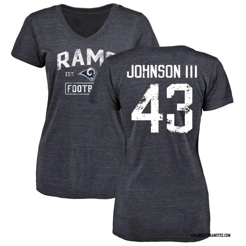 Women's Los Angeles Rams ＃43 John Johnson III Navy Distressed Name & Number V-Neck T-Shirt