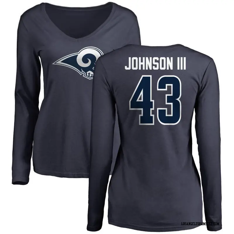 Women's Los Angeles Rams ＃43 John Johnson III Navy Name & Number Logo Slim Fit Long Sleeve T-Shirt