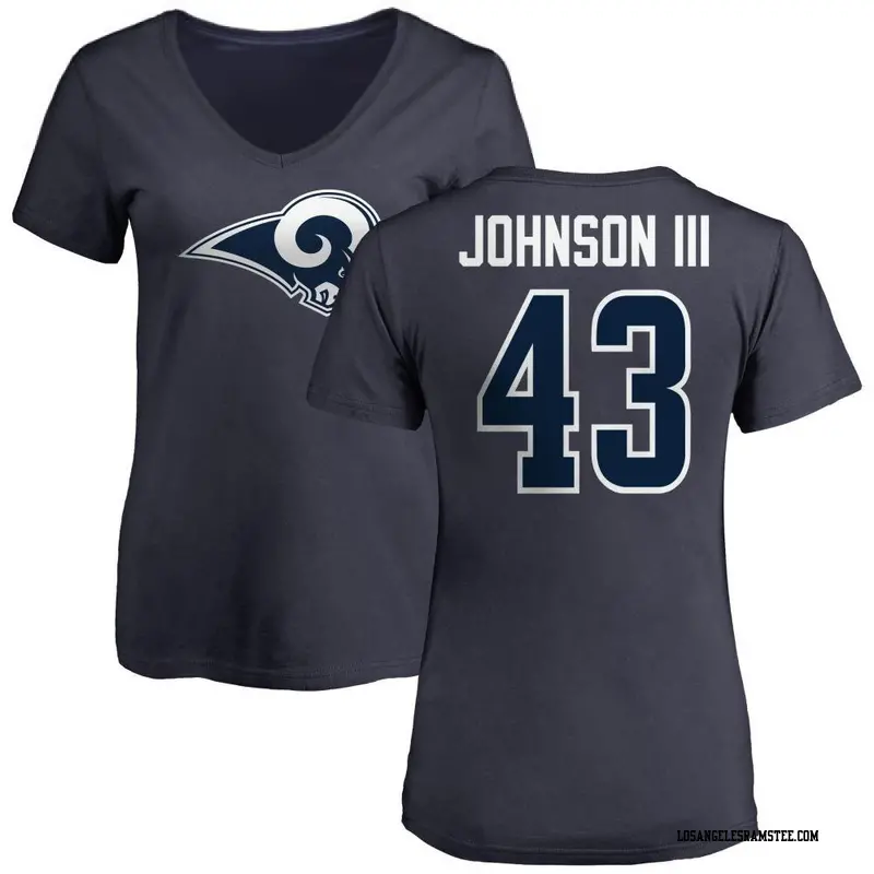 Women's Los Angeles Rams ＃43 John Johnson III Navy Name & Number Logo Slim Fit T-Shirt
