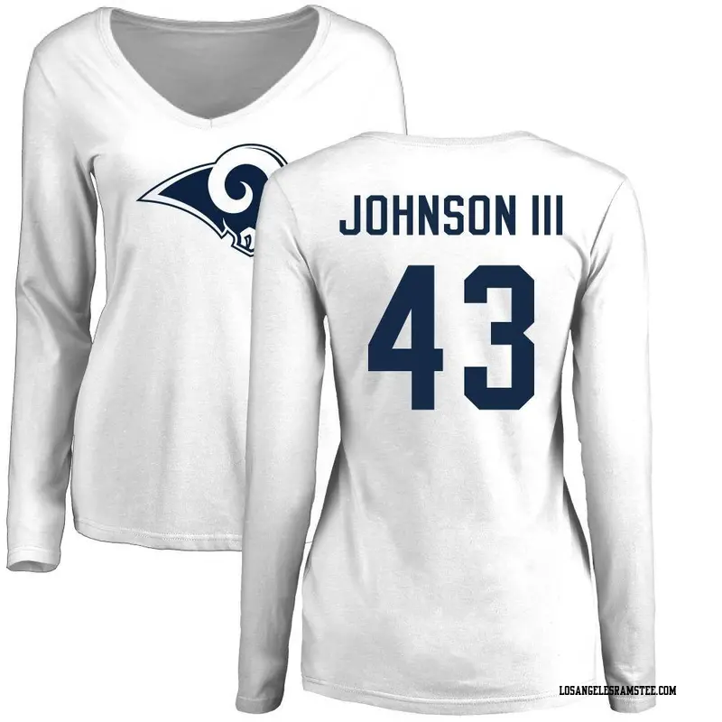 Women's Los Angeles Rams ＃43 John Johnson III White Name & Number Logo Slim Fit Long Sleeve T-Shirt