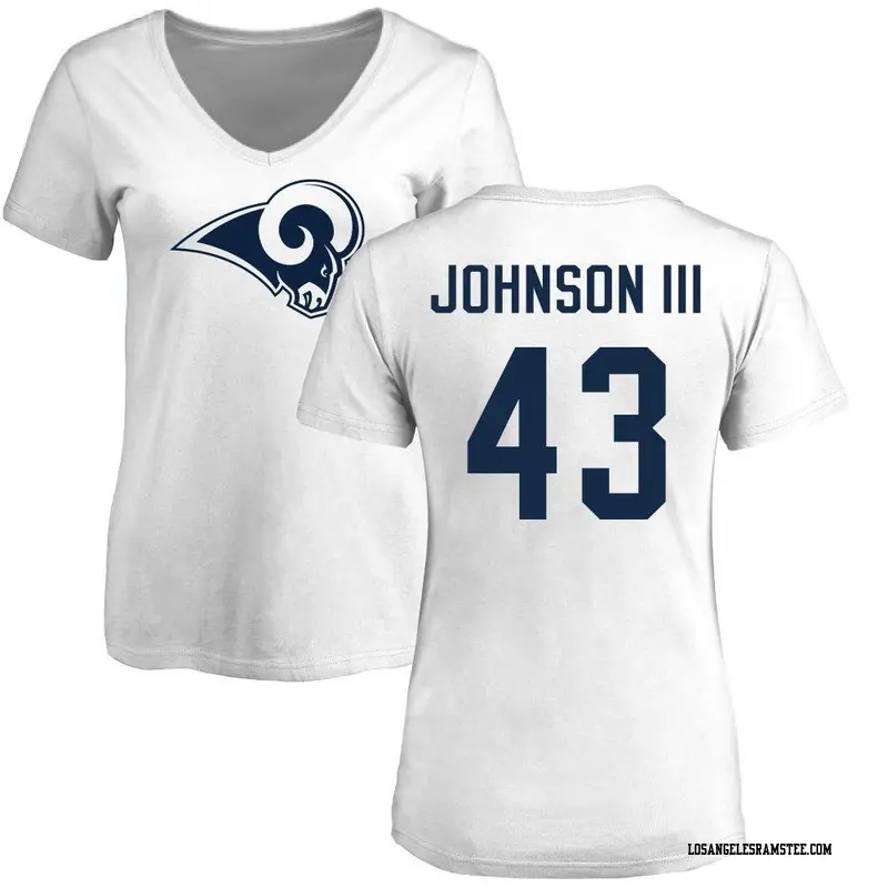 Women's Los Angeles Rams ＃43 John Johnson III White Name & Number Logo Slim Fit T-Shirt